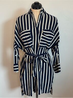 Faithfull the Brand Debbie Shirt Dress, Navy & Cream Stripe, Belted, Pockets, 4